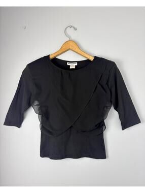 Vintage 80s 90s Black Chiffon Overlay Half Sleeve Jersey Top Small Made in USA